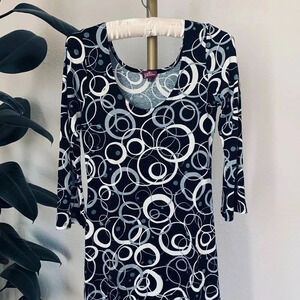 Salaam Lucy Abstract Print Tunic Mini Dress S Black Cream 3/4 Sleeve USA Made